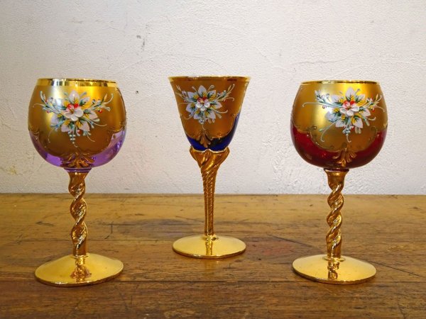 ベネチアンガラス ムラノ Venezian glass murano シェリーグラス Sherry Glass ピンク ゴールド 24KT 金彩 小花柄 ヴェネチアングラス ★