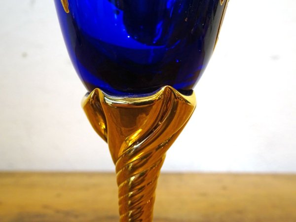 ベネチアンガラス ムラノ Venezian glass murano シェリーグラス Sherry Glass ブルー ゴールド 24KT 金彩 小花柄 ヴェネチアングラス ★