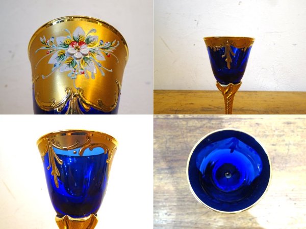 ベネチアンガラス ムラノ Venezian glass murano シェリーグラス Sherry Glass ブルー ゴールド 24KT 金彩 小花柄 ヴェネチアングラス ★