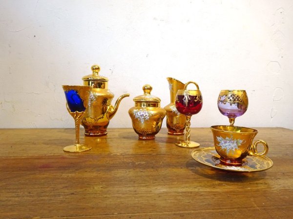 ベネチアンガラス ムラノ Venezian glass murano シェリーグラス Sherry Glass ブルー ゴールド 24KT 金彩 小花柄 ヴェネチアングラス ★