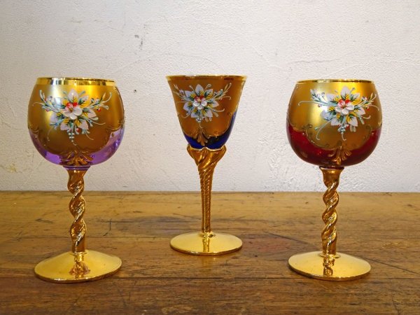 ベネチアンガラス ムラノ Venezian glass murano シェリーグラス Sherry Glass ブルー ゴールド 24KT 金彩 小花柄 ヴェネチアングラス ★