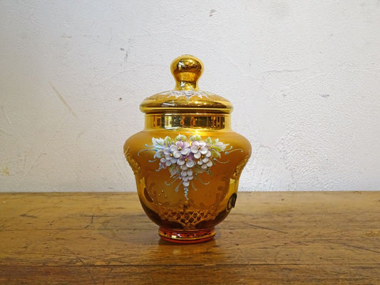 ベネチアンガラス ムラノ Venezian glass murano シュガー ポット アンバーガラス ゴールド 24KT 金彩 小花柄 ヴェネチアングラス ★