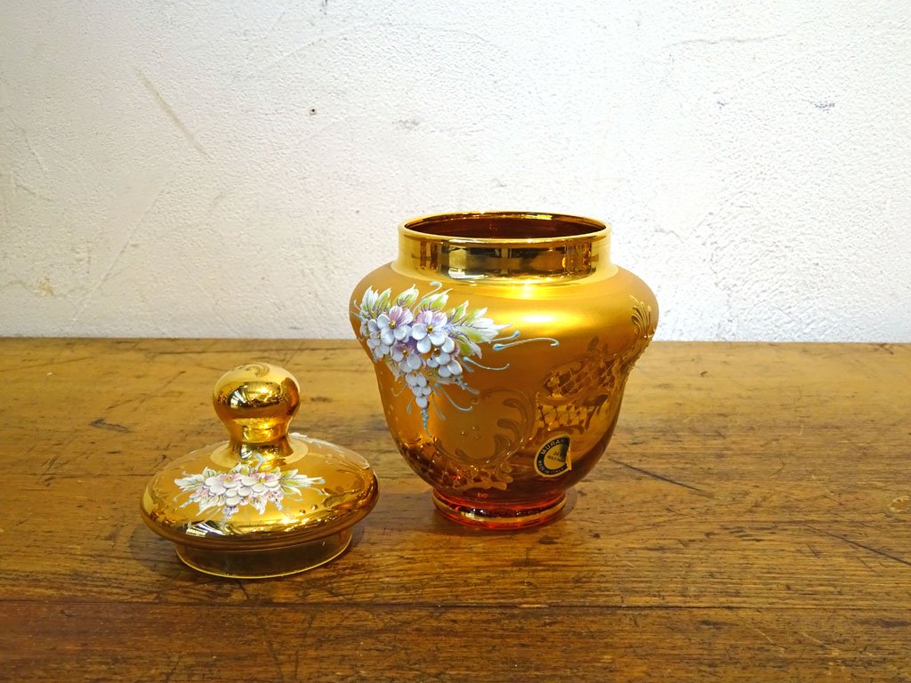 ベネチアンガラス ムラノ Venezian glass murano シュガー ポット アンバーガラス ゴールド 24KT 金彩 小花柄 ヴェネチアングラス ★