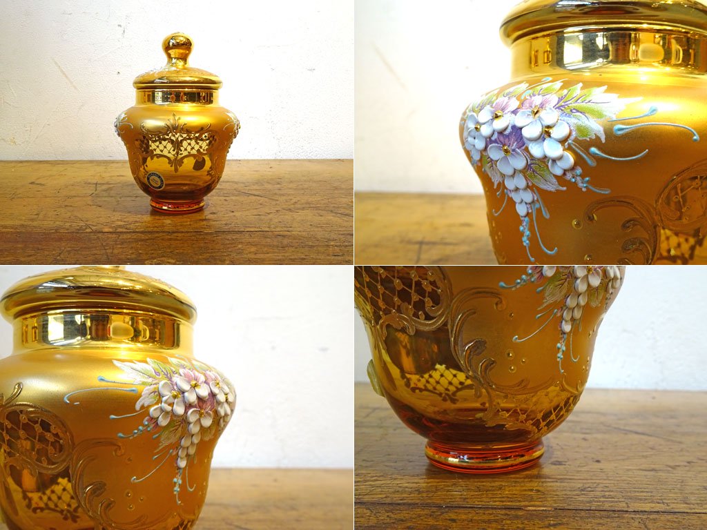 ベネチアンガラス ムラノ Venezian glass murano シュガー ポット アンバーガラス ゴールド 24KT 金彩 小花柄 ヴェネチアングラス ★