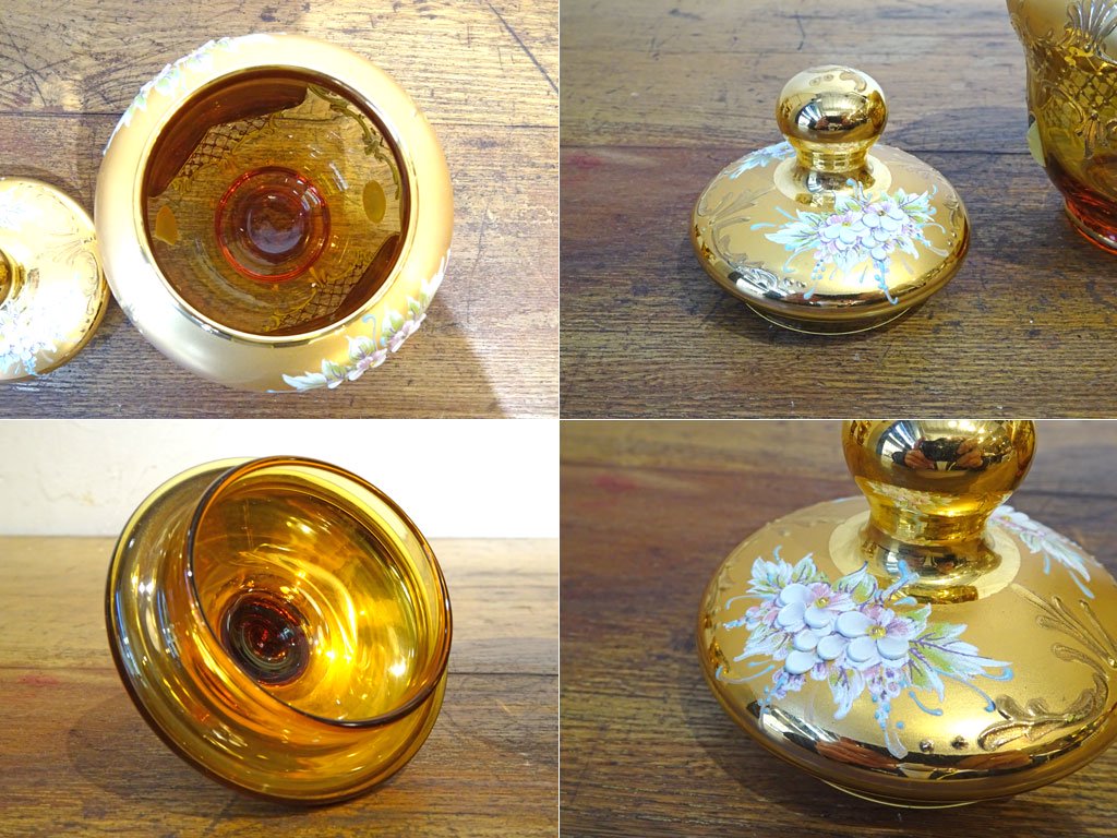 ベネチアンガラス ムラノ Venezian glass murano シュガー ポット アンバーガラス ゴールド 24KT 金彩 小花柄 ヴェネチアングラス ★