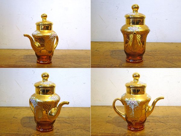 ベネチアンガラス ムラノ Venezian glass murano ティーポット アンバーガラス ゴールド 24KT 金彩 小花柄 ヴェネチアングラス ★