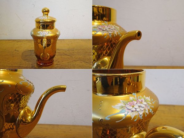 ベネチアンガラス ムラノ Venezian glass murano ティーポット アンバーガラス ゴールド 24KT 金彩 小花柄 ヴェネチアングラス ★