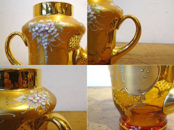 ベネチアンガラス ムラノ Venezian glass murano ティーポット アンバーガラス ゴールド 24KT 金彩 小花柄 ヴェネチアングラス ★