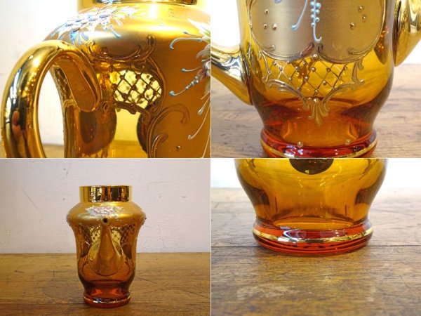 ベネチアンガラス ムラノ Venezian glass murano ティーポット アンバーガラス ゴールド 24KT 金彩 小花柄 ヴェネチアングラス ★