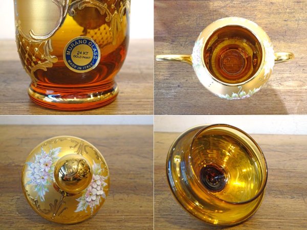 ベネチアンガラス ムラノ Venezian glass murano ティーポット アンバーガラス ゴールド 24KT 金彩 小花柄 ヴェネチアングラス ★