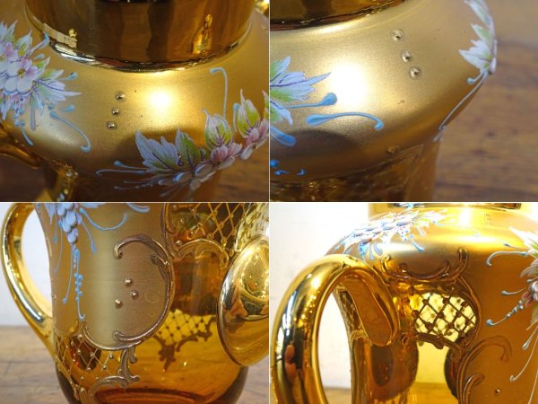 ベネチアンガラス ムラノ Venezian glass murano ティーポット アンバーガラス ゴールド 24KT 金彩 小花柄 ヴェネチアングラス ★