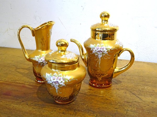 ベネチアンガラス ムラノ Venezian glass murano ティーポット アンバーガラス ゴールド 24KT 金彩 小花柄 ヴェネチアングラス ★