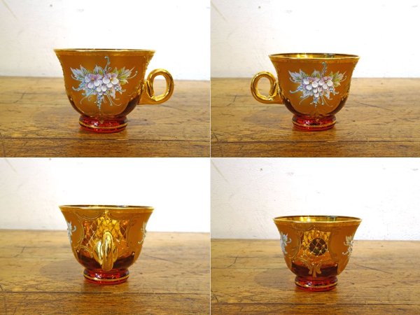 ベネチアンガラス ムラノ Venezian glass murano カップ＆ソーサー C&S アンバー ゴールド 24KT 金彩 小花柄 ヴェネチアングラス ★