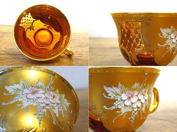 ベネチアンガラス ムラノ Venezian glass murano カップ＆ソーサー C&S アンバー ゴールド 24KT 金彩 小花柄 ヴェネチアングラス ★