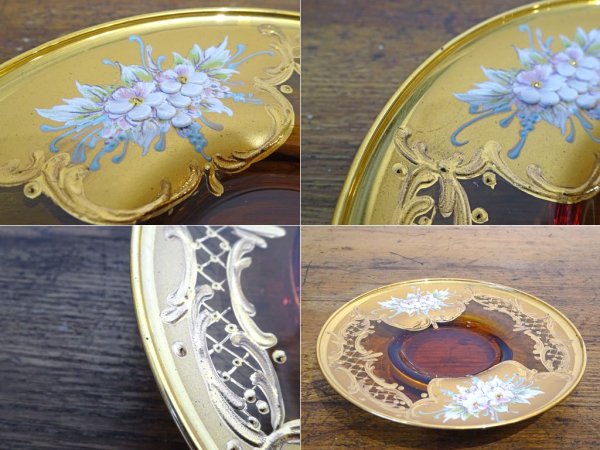 ベネチアンガラス ムラノ Venezian glass murano カップ＆ソーサー C&S アンバー ゴールド 24KT 金彩 小花柄 ヴェネチアングラス ★