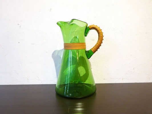 北欧ビンテージ ガラスピッチャー ラタンハンドル Glass Pitcher with Wicker Rattan スカンジナビアン モダン ジャグ Jug★