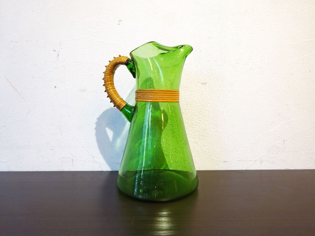 北欧ビンテージ ガラスピッチャー ラタンハンドル Glass Pitcher with Wicker Rattan スカンジナビアン モダン ジャグ Jug★