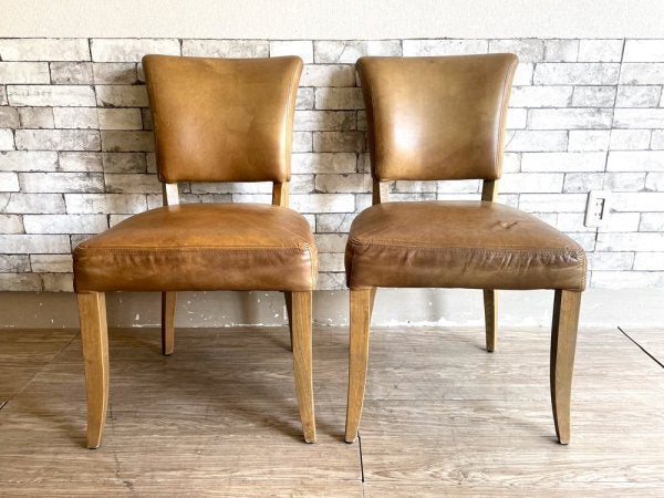レストレーション ハードウェア Restoration Hardware ダイニングチェア 2脚セット レザー オーク材 スタッズ付 ビンテージスタイル ●