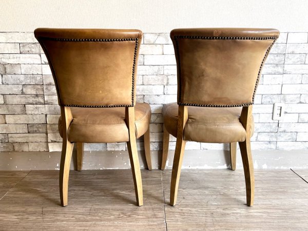 レストレーション ハードウェア Restoration Hardware ダイニングチェア 2脚セット レザー オーク材 スタッズ付 ビンテージスタイル ●
