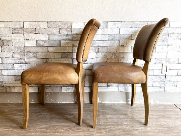 レストレーション ハードウェア Restoration Hardware ダイニングチェア 2脚セット レザー オーク材 スタッズ付 ビンテージスタイル ●