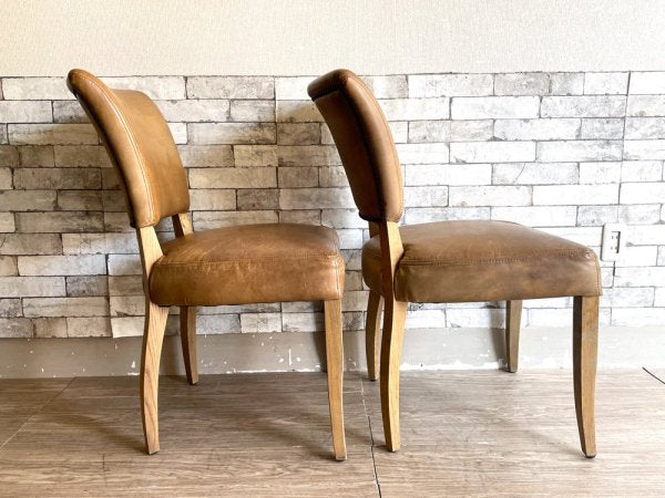 レストレーション ハードウェア Restoration Hardware ダイニングチェア 2脚セット レザー オーク材 スタッズ付 ビンテージスタイル ●