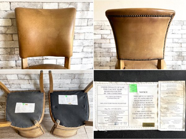 レストレーション ハードウェア Restoration Hardware ダイニングチェア 2脚セット レザー オーク材 スタッズ付 ビンテージスタイル ●