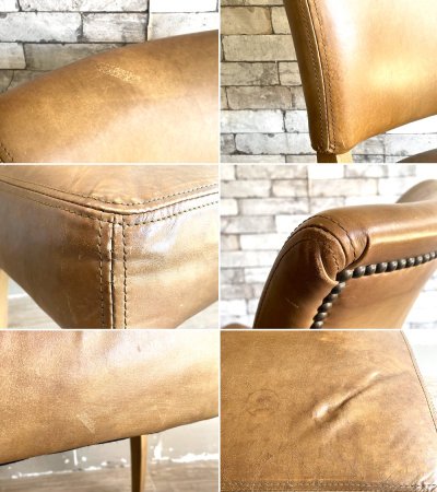 レストレーション ハードウェア Restoration Hardware ダイニングチェア 2脚セット レザー オーク材 スタッズ付 ビンテージスタイル ●
