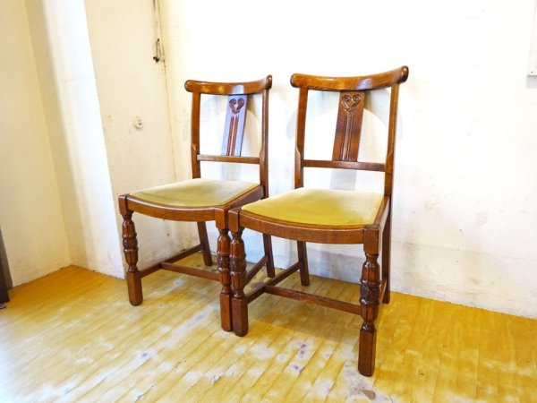 UKアンティーク Antique ダイニングチェア ナラ材 モケット シート オーク無垢材 2脚セット バルボスレッグ クラシカル 英国家具 ★