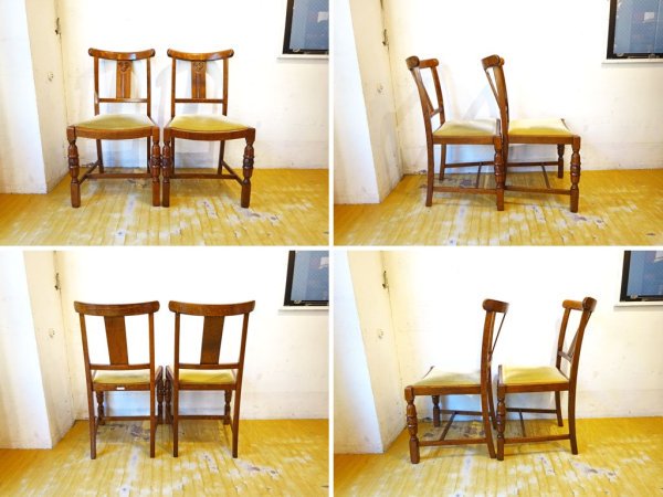 UKアンティーク Antique ダイニングチェア ナラ材 モケット シート オーク無垢材 2脚セット バルボスレッグ クラシカル 英国家具 ★