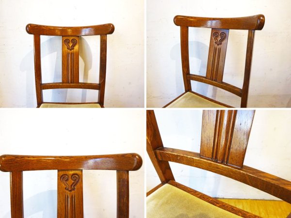 UKアンティーク Antique ダイニングチェア ナラ材 モケット シート オーク無垢材 2脚セット バルボスレッグ クラシカル 英国家具 ★