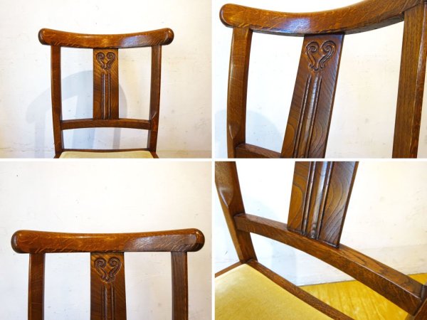 UKアンティーク Antique ダイニングチェア ナラ材 モケット シート オーク無垢材 2脚セット バルボスレッグ クラシカル 英国家具 ★