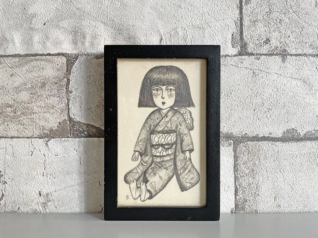 大橋歩 平凡パンチ 肉筆画 鉛筆画 額装品 8×13cm 人物画 女の子 着物 ●