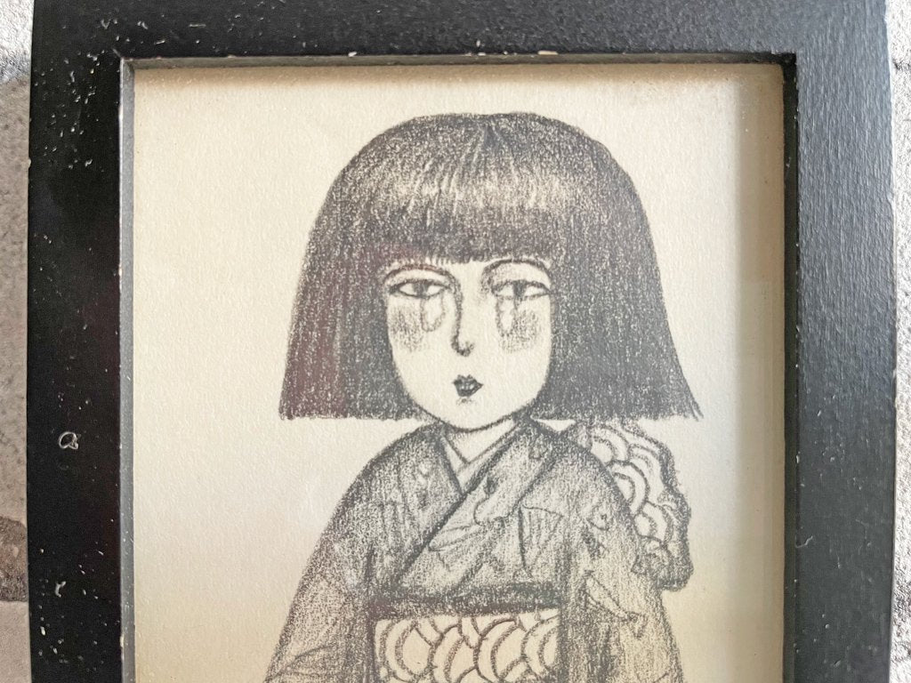 大橋歩 平凡パンチ 肉筆画 鉛筆画 額装品 8×13cm 人物画 女の子 着物 ●