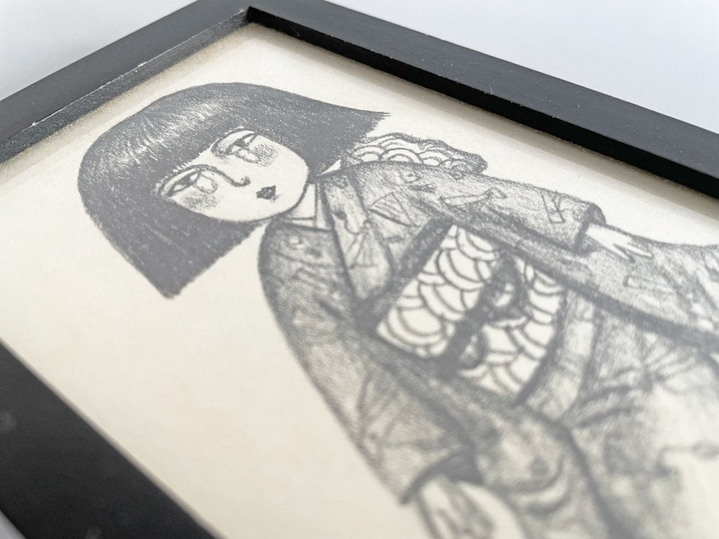 大橋歩 平凡パンチ 肉筆画 鉛筆画 額装品 8×13cm 人物画 女の子 着物 ●