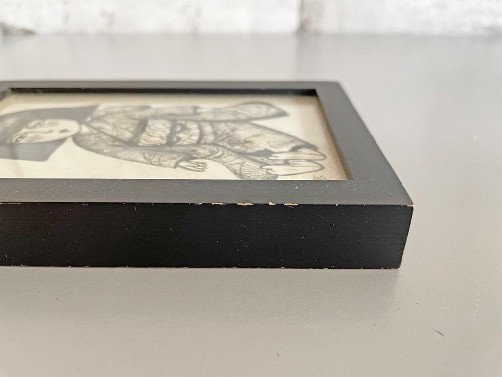 大橋歩 平凡パンチ 肉筆画 鉛筆画 額装品 8×13cm 人物画 女の子 着物 ●