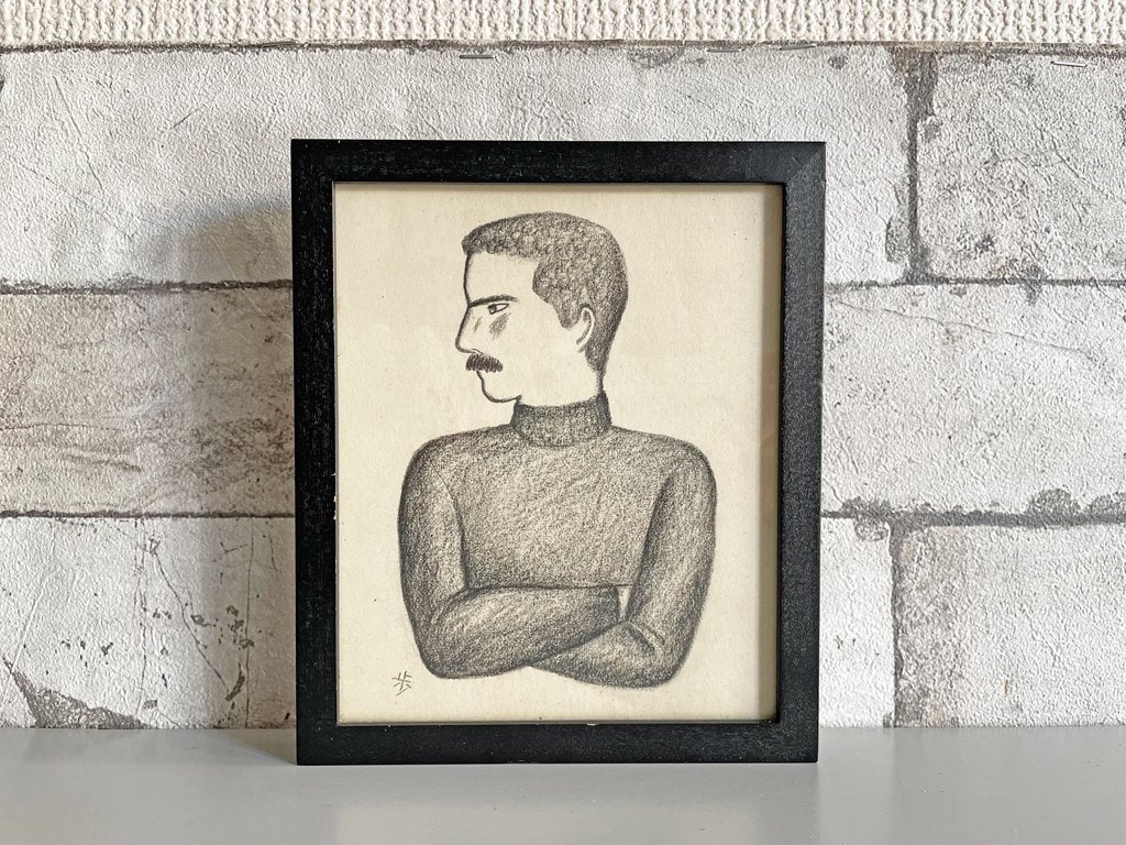 大橋歩 平凡パンチ 肉筆画 鉛筆画 額装品 13×15cm 人物画 パンチパーマ 髭 タートルネック 男 ●
