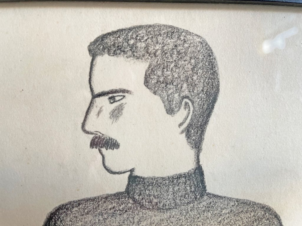 大橋歩 平凡パンチ 肉筆画 鉛筆画 額装品 13×15cm 人物画 パンチパーマ 髭 タートルネック 男 ●