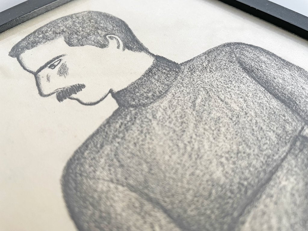 大橋歩 平凡パンチ 肉筆画 鉛筆画 額装品 13×15cm 人物画 パンチパーマ 髭 タートルネック 男 ●