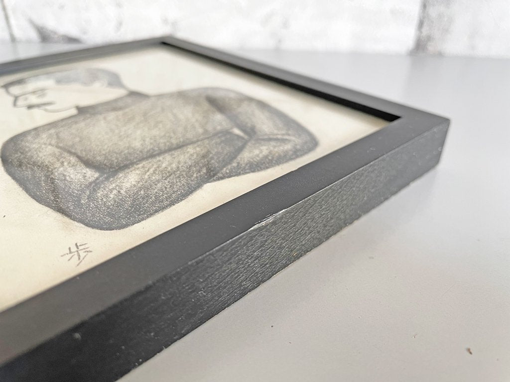 大橋歩 平凡パンチ 肉筆画 鉛筆画 額装品 13×15cm 人物画 パンチパーマ 髭 タートルネック 男 ●