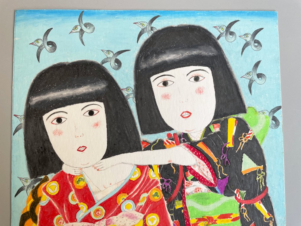 大橋歩 平凡パンチ 肉筆画 クレヨン画 パステル画 額装品 14×17cm ふたりの着物の女の子 ●