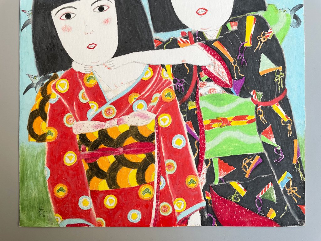 大橋歩 平凡パンチ 肉筆画 クレヨン画 パステル画 額装品 14×17cm ふたりの着物の女の子 ●