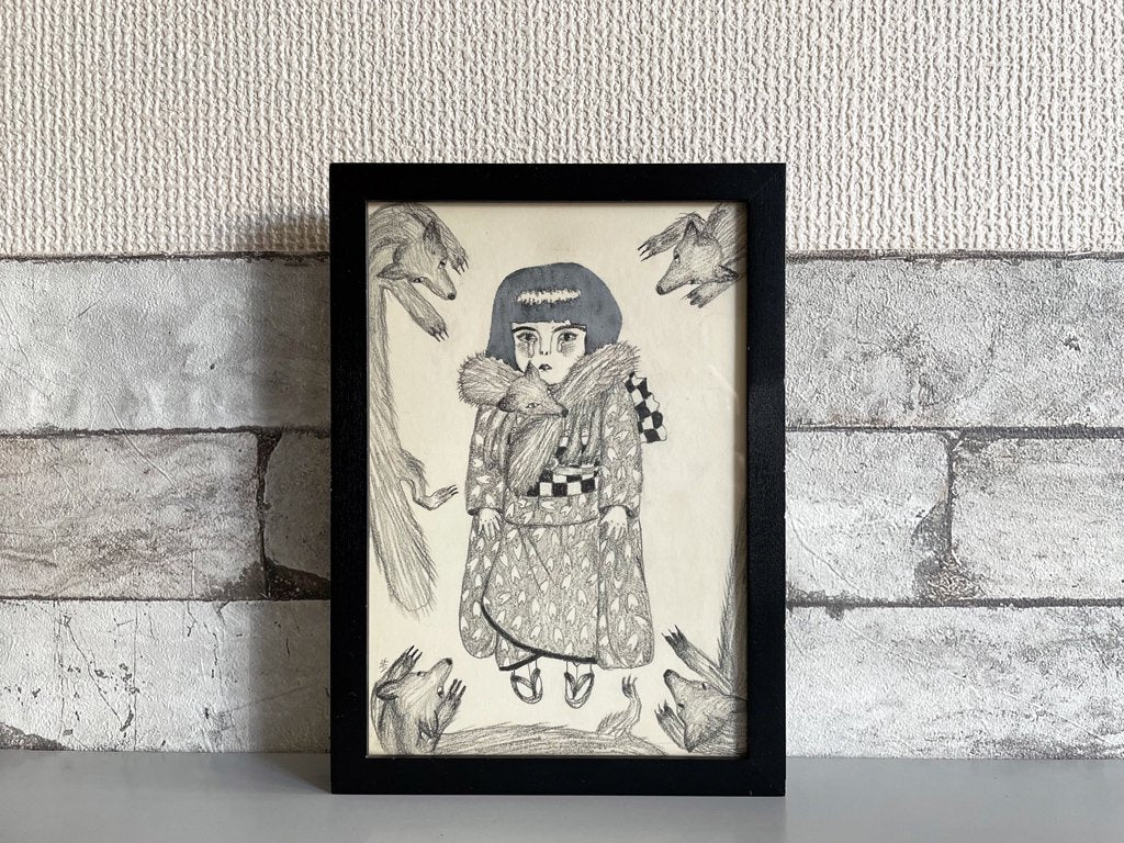 大橋歩 平凡パンチ 肉筆画 鉛筆画 一部着色 額装品 16×22cm 女の子 狐 着物 ●