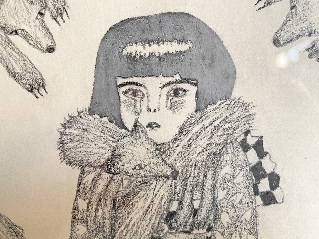 大橋歩 平凡パンチ 肉筆画 鉛筆画 一部着色 額装品 16×22cm 女の子 狐 着物 ●