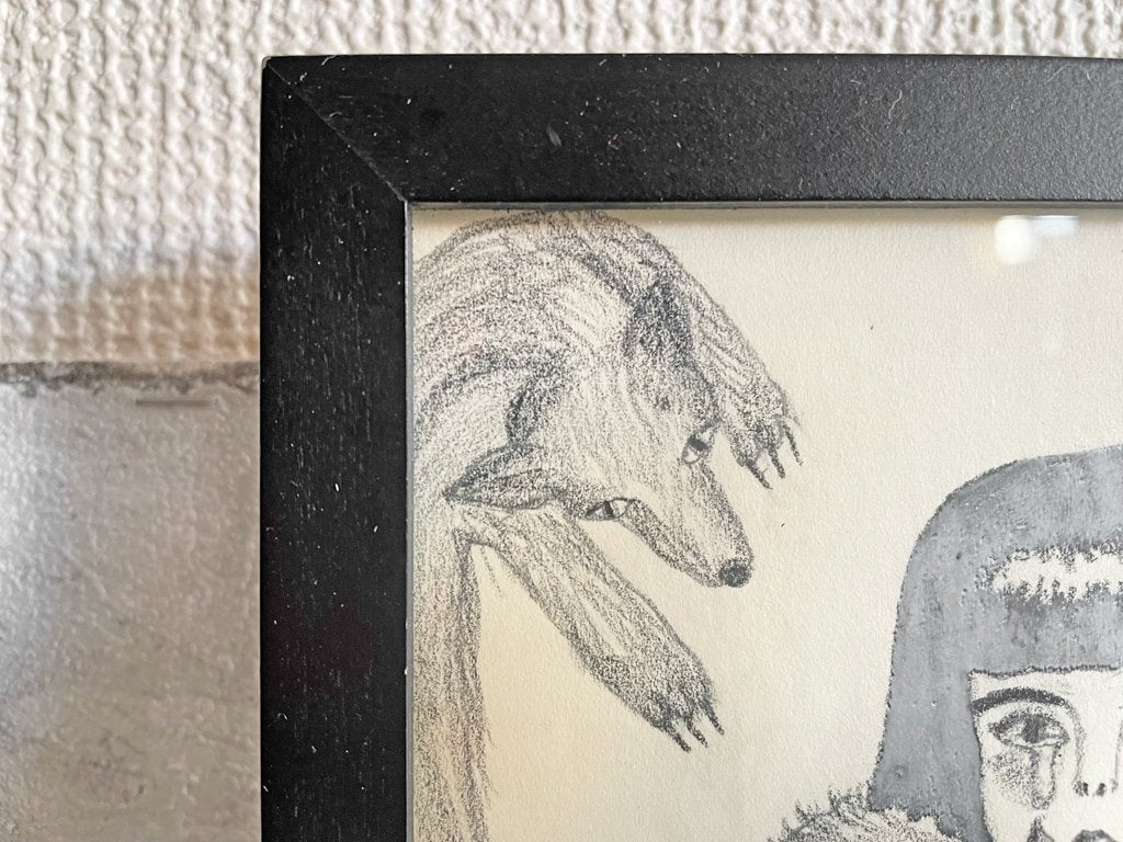 大橋歩 平凡パンチ 肉筆画 鉛筆画 一部着色 額装品 16×22cm 女の子 狐 着物 ●