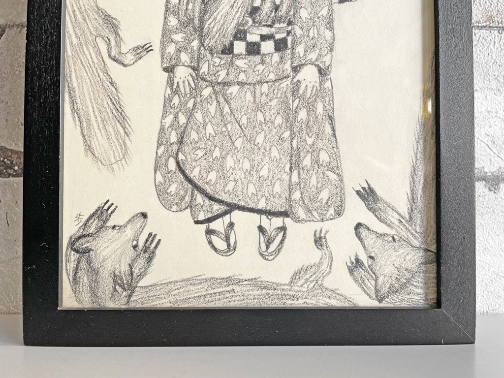 大橋歩 平凡パンチ 肉筆画 鉛筆画 一部着色 額装品 16×22cm 女の子 狐 着物 ●