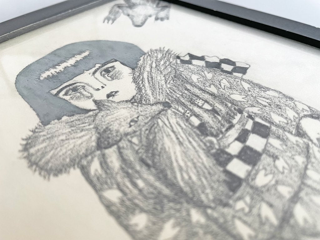 大橋歩 平凡パンチ 肉筆画 鉛筆画 一部着色 額装品 16×22cm 女の子 狐 着物 ●
