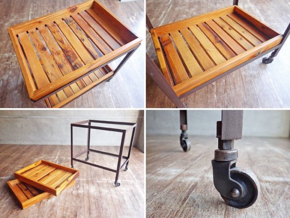 インダストリアルデザイン Industrial Design アイアン × パイン無垢材 キャスターワゴン トローリー 2段 トレー着脱式 ビンテージスタイル ♪
