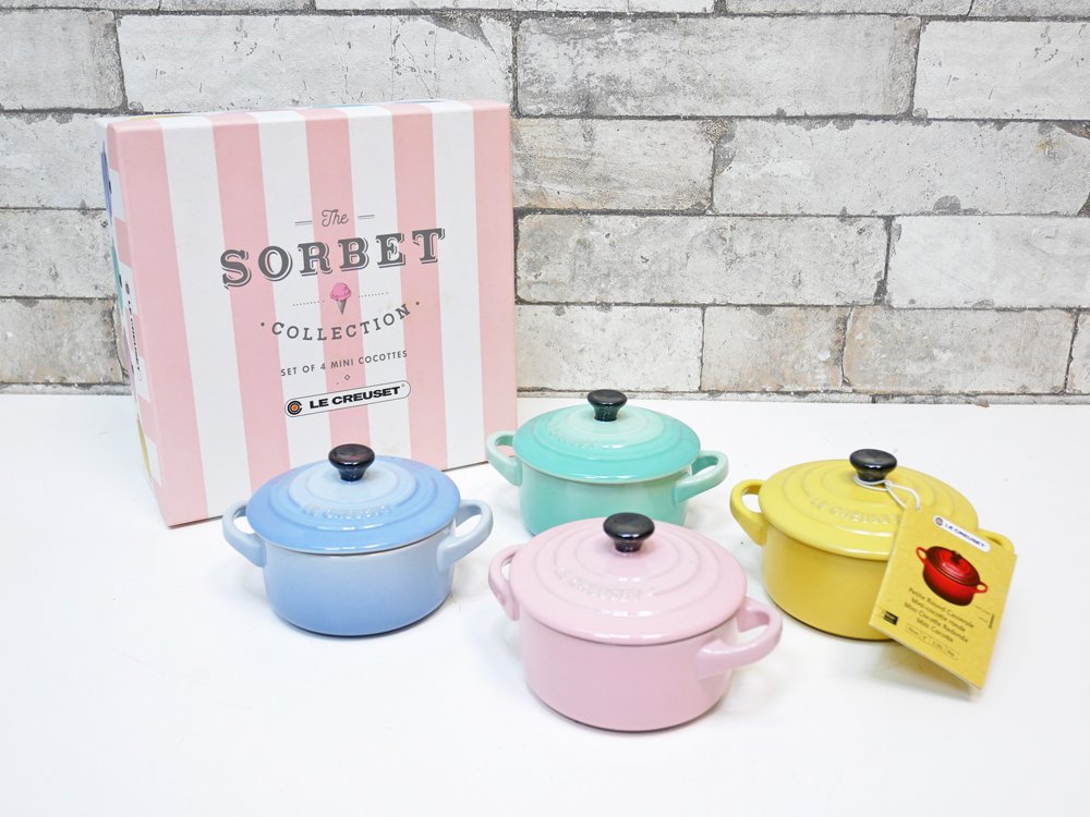 ルクルーゼ LE CREUSET ソルベ sorbet ミニココット 4個セット Φ10cm ふた付 箱付 フランス 未使用品 ●