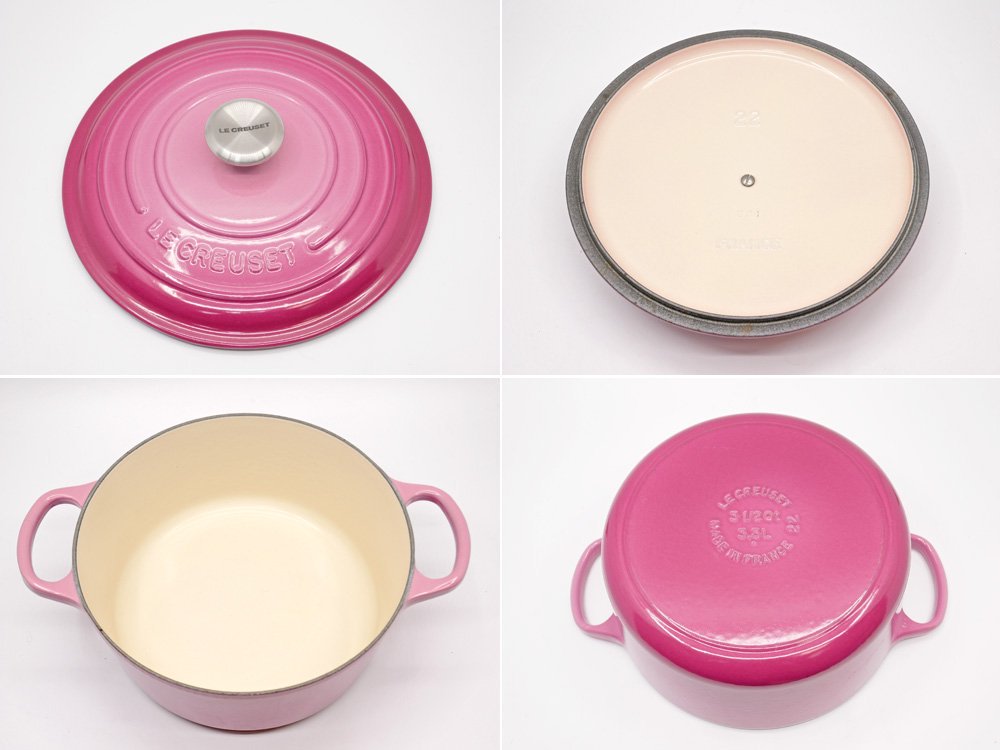 ルクルーゼ LE CREUSET ココットロンド ベリー ピンク 22cm シルバーツマミ 両手鍋 鋳物 フランス ●