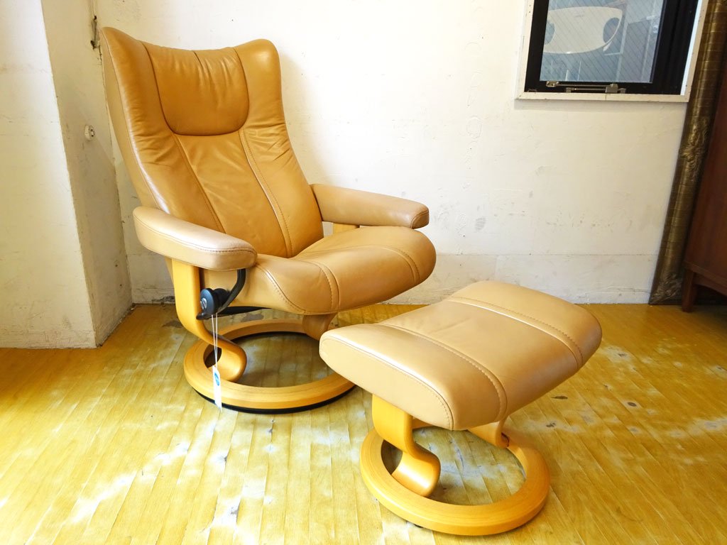 エコーネス EKORNES ストレスレス チェア Stressless ウイング Wing オットマン付き ベージュ 本革 レザー 北欧 ノルウェー ★